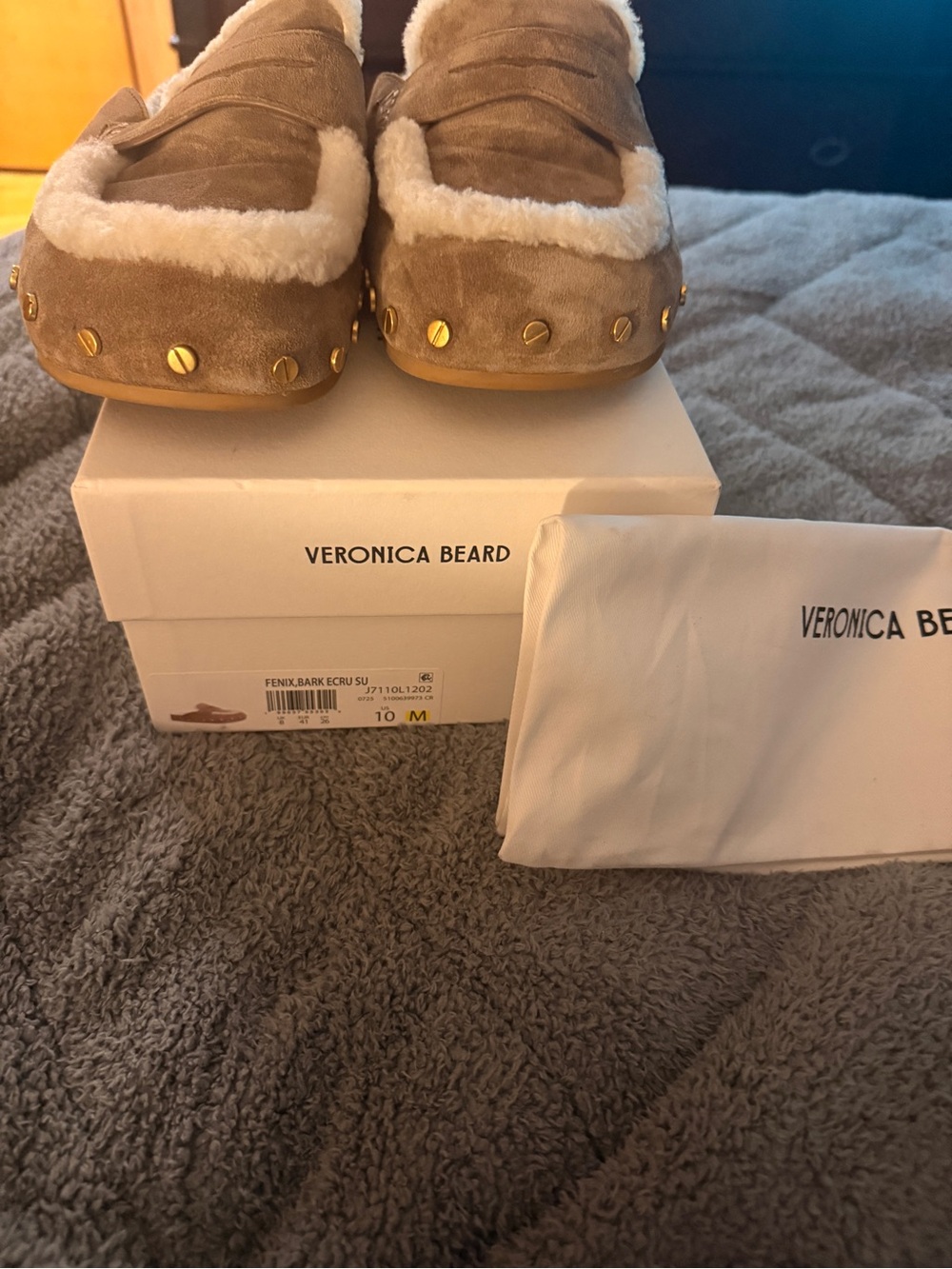 Veronica Beard Bark Suede Faux-Shearling Studded Mules